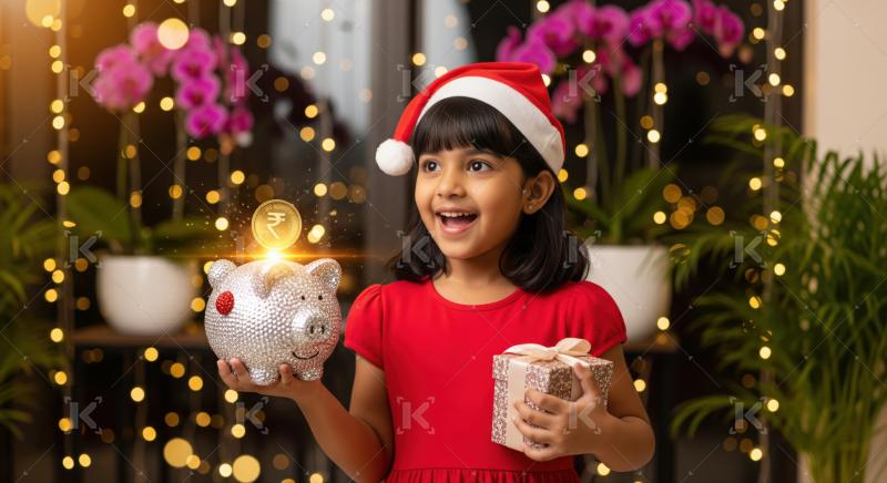 Happy child in Santa hat saving rupees, holding present.