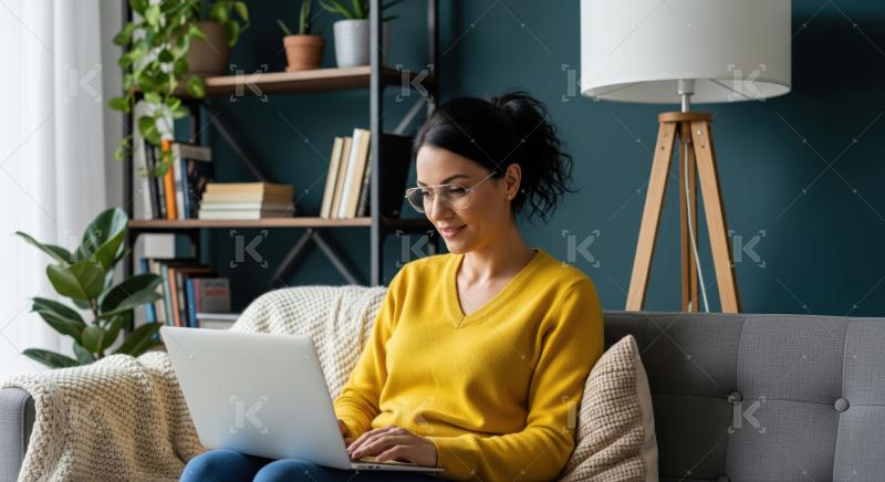 A focused woman enjoys working from home using her laptop.