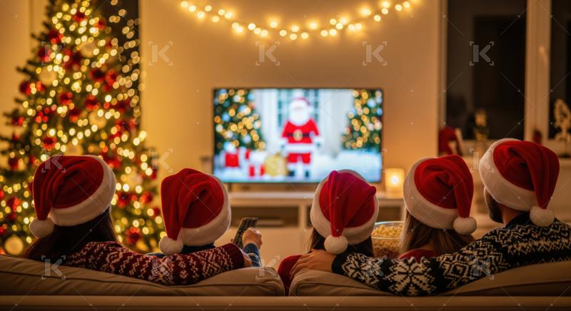 Family enjoys cozy Christmas movie night with Santa hats.