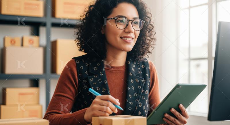 Happy businesswoman efficiently handles packages for swift customer delivery.
