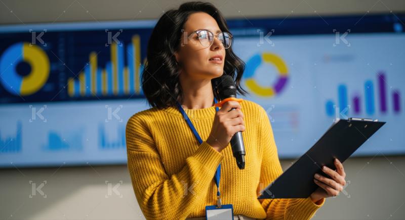 Professional woman delivering insightful presentation, analyzing data and trends effectively.