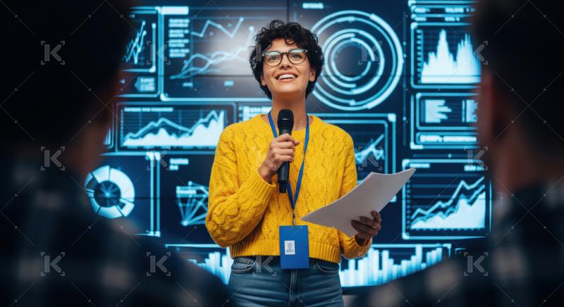 Smiling woman presents data visualizations during a technology conference talk.