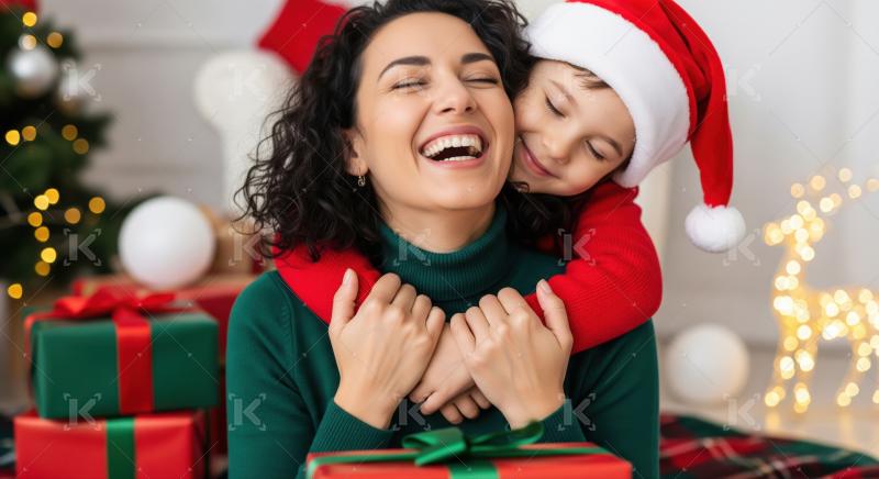 Happy mother and child embracing lovingly during festive Christmas season.