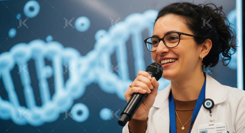 Confident scientist presents complex DNA research and medical advancements.