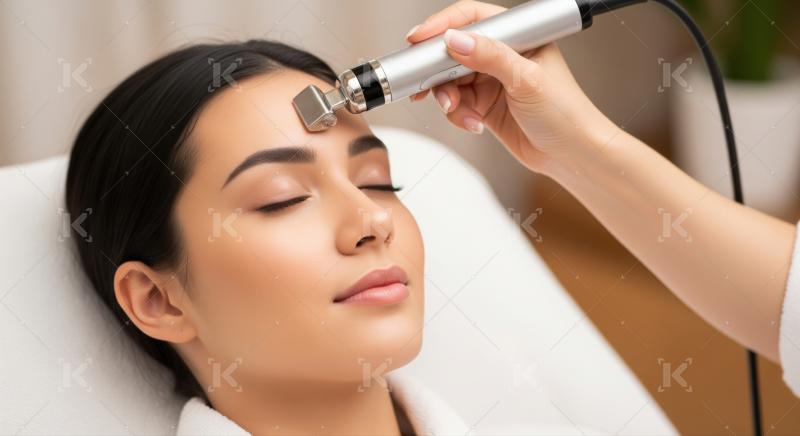 Relaxing woman undergoes modern beauty facial treatment at clinic.