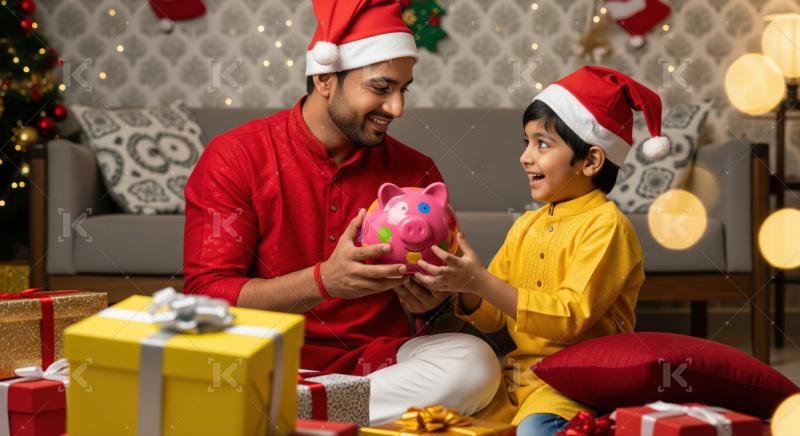 Happy Indian father and son celebrate Christmas with piggy bank.