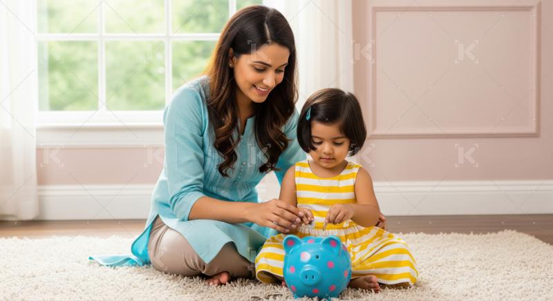 Happy Indian mother and daughter saving money for their future.