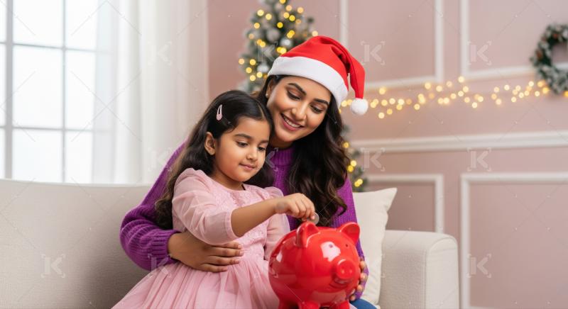 Festive mother and daughter enjoying Christmas savings.