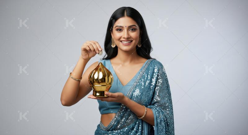 Happy young Indian woman diligently saving money for future prosperity.