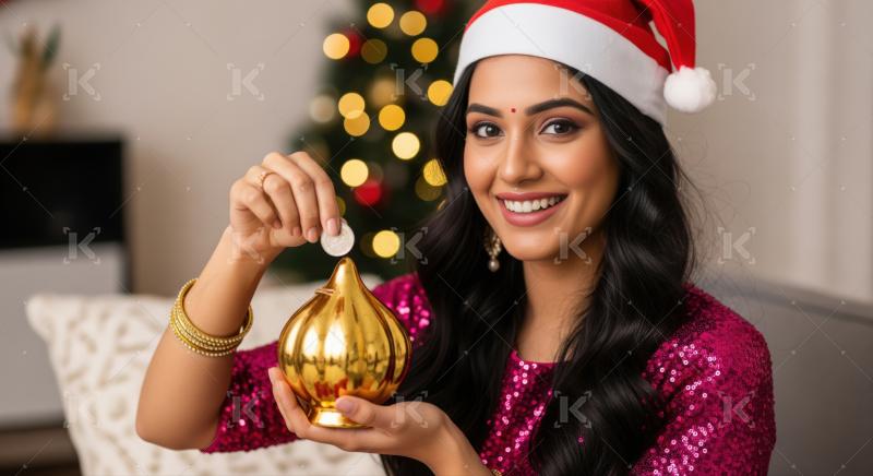 Joyful woman saving coins in a gold piggy bank.
