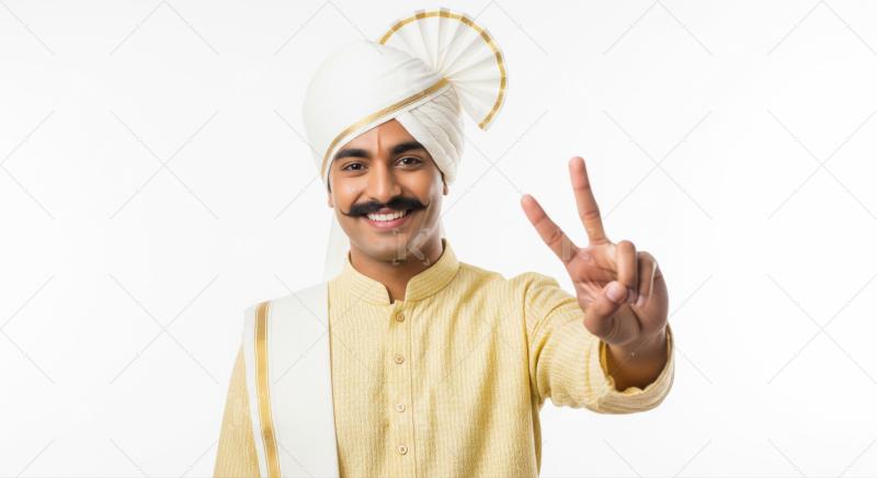 Joyful Indian man in traditional wear, making victory gesture