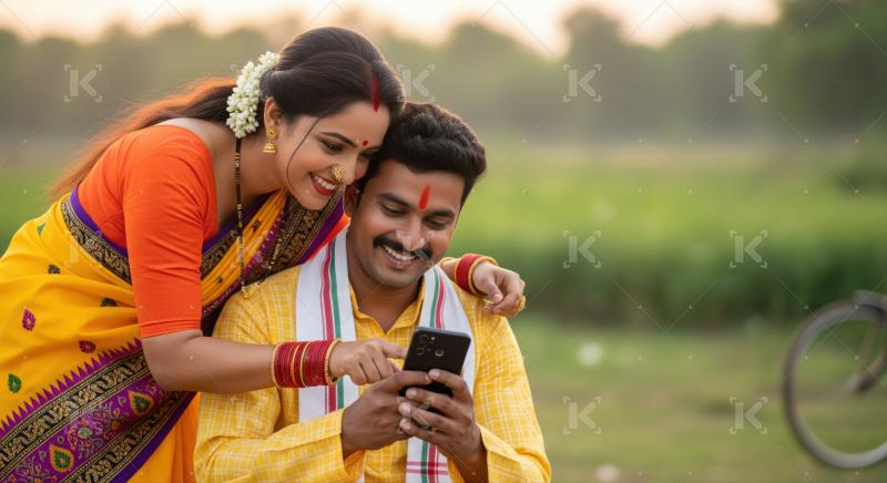 Happy Indian couple enjoying a moment together with smartphone