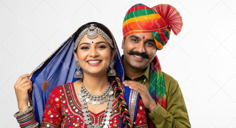 Happy young Indian couple in vibrant traditional clothing smiling.