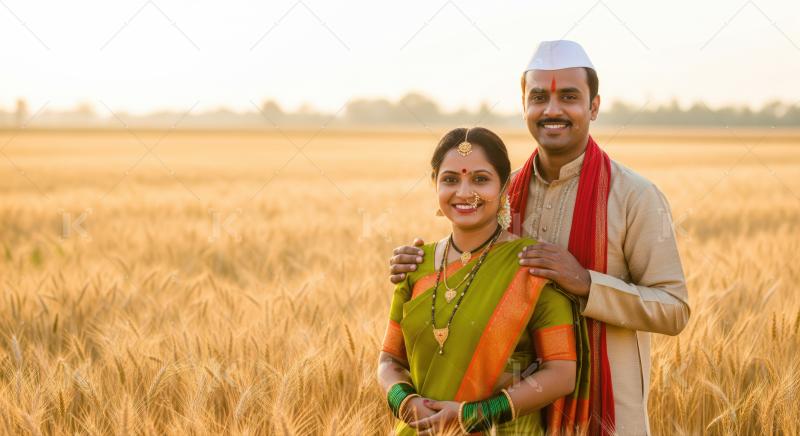 Smiling Indian couple celebrating their agricultural heritage in a golden field.