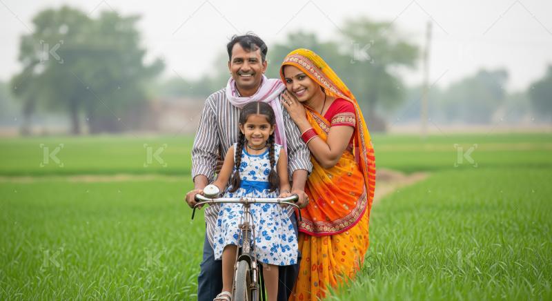 Indian family smiles joyfully together in a vibrant green field.