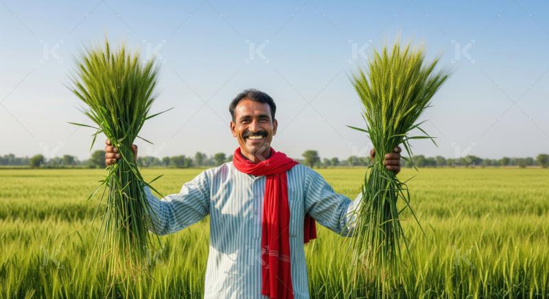 Joyful farmer celebrating the success of his plentiful green harvest.