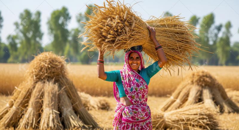 A happy Indian woman carries wheat bundles from the field.