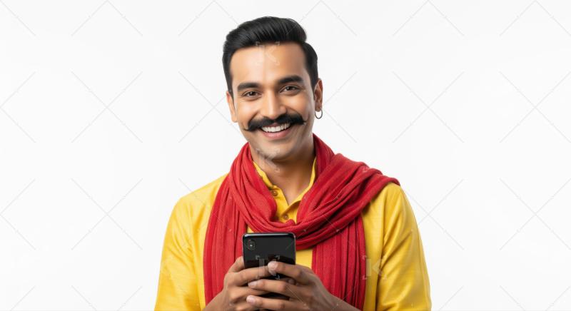 Happy man in ethnic wear enjoys mobile technology.