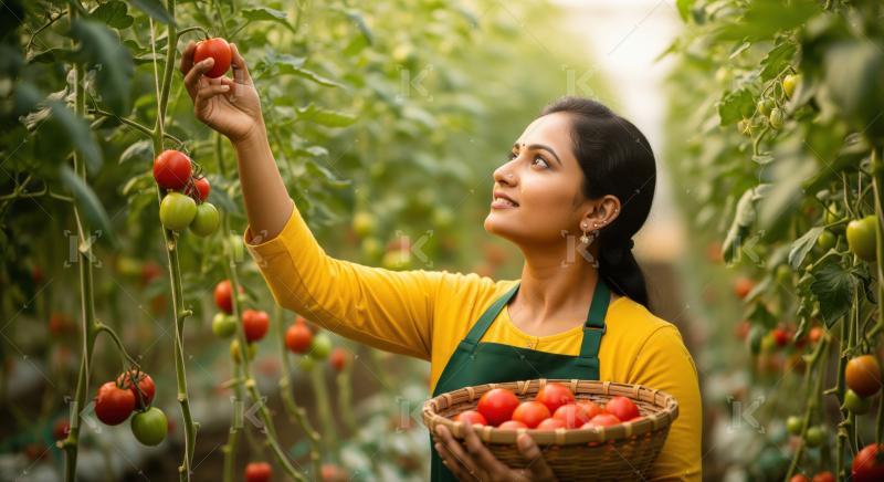 Young woman meticulously picks fresh red tomatoes in polyhouse.