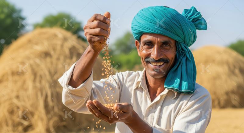 Happy man sifting grains, symbolizing agricultural prosperity and hard work.