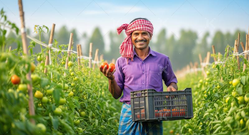 Smiling farmer proudly shows freshly picked organic tomatoes from his farm.