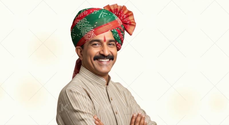 Happy Indian man posing in traditional attire, looking at camera.