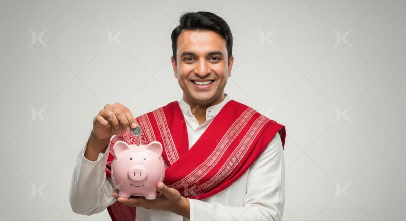 Young Indian man saving money in a pink piggy bank.