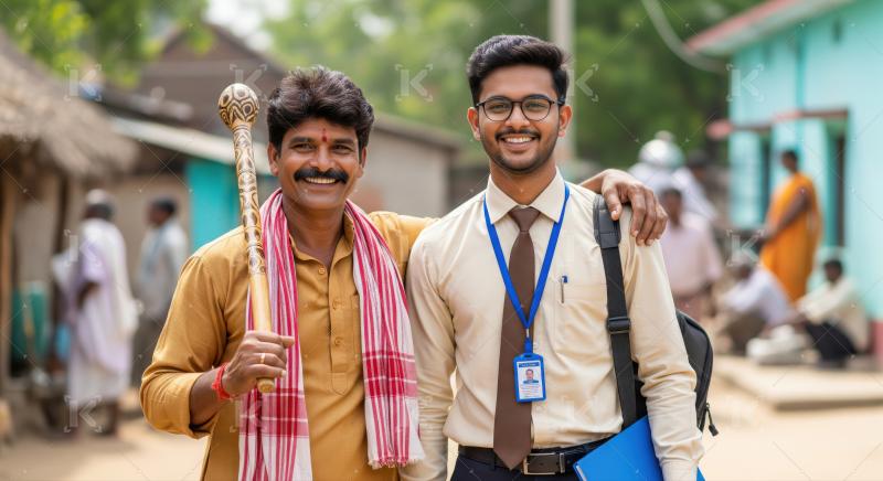 Happy Indian farmer and young professional stand together, smiling.