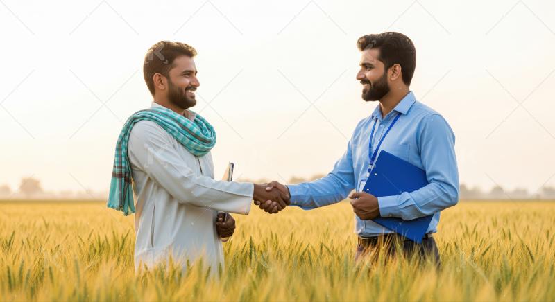 Two men shake hands, sealing a deal in a field.