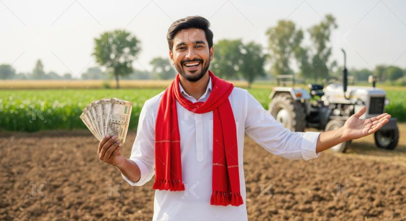 Joyful Indian farmer proudly displaying earnings in agricultural field.