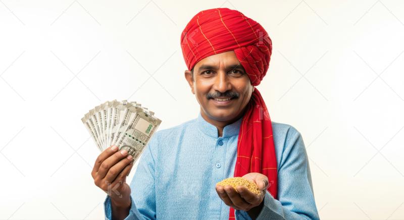Indian farmer proudly holding currency and fresh harvested crops.