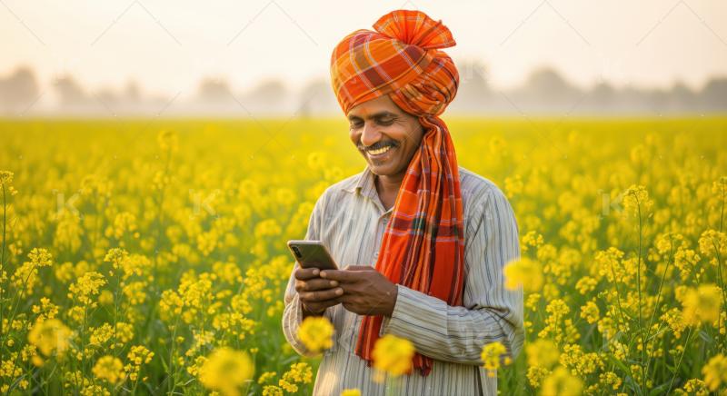 Happy Indian farmer engages with smartphone amidst vibrant yellow crops.