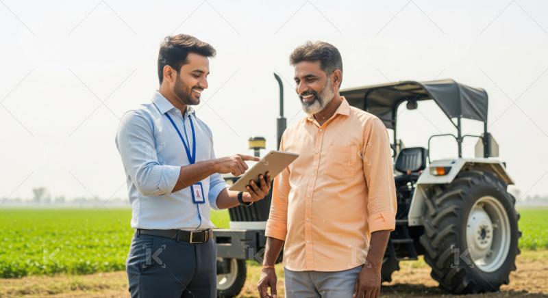 Indian farmer reviews agriculture details with a consultant using tablet.