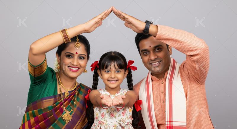 Loving Indian family forming home gesture, symbolizing protection and security.