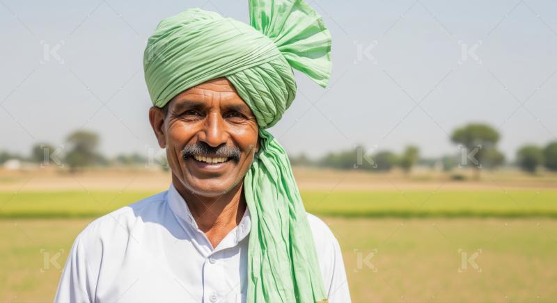 Smiling senior Indian man proudly poses in his agricultural field.