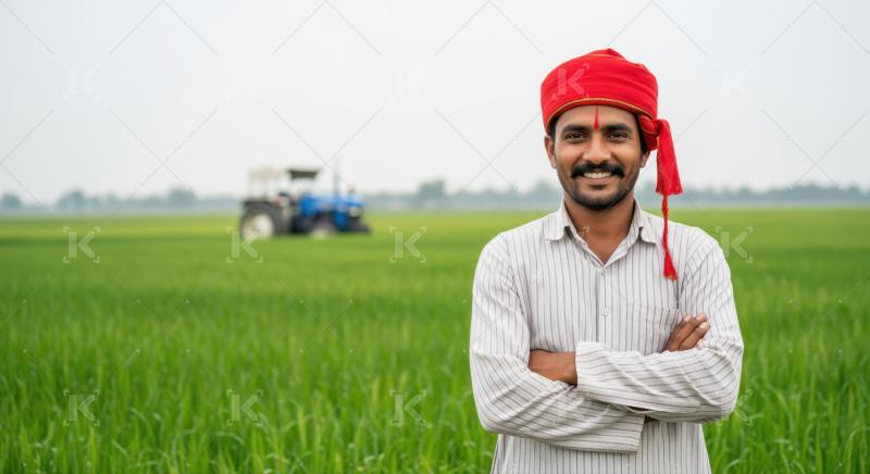 A happy Indian farmer stands proudly in his green field.