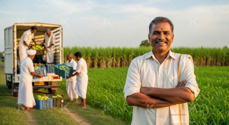 Proud Indian farmer overseeing his bountiful farm produce harvest.