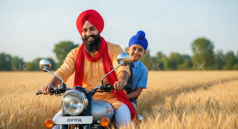 Smiling Indian father and son enjoy bike ride in rural field.