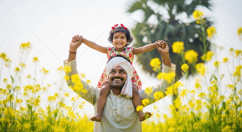 Joyful Indian father and daughter bonding in nature's beauty.