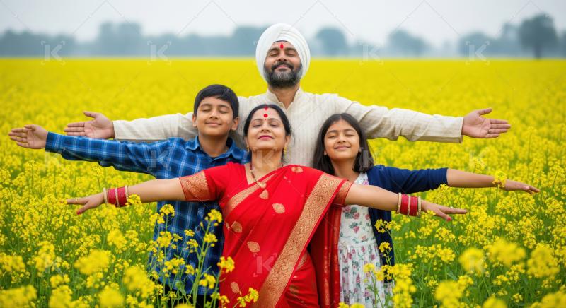 Happy family posing with arms open in a yellow field.