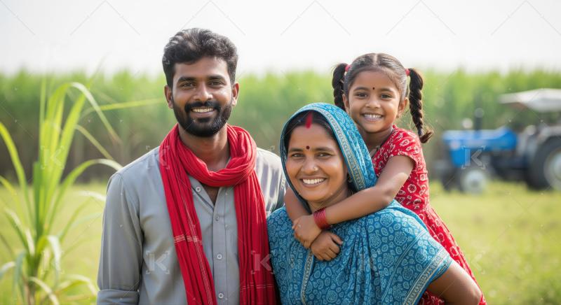 Smiling Indian farming family posing in a lush green field.