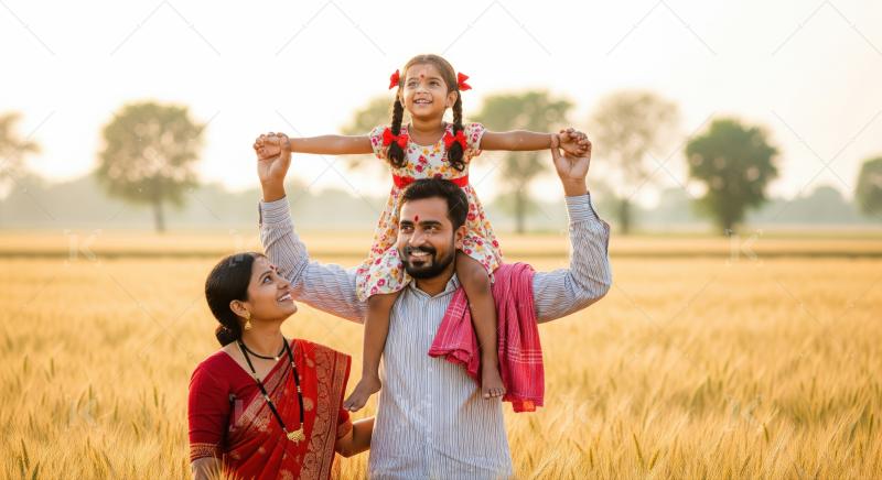 Joyful Indian parents and child bonding outdoors at sunset.