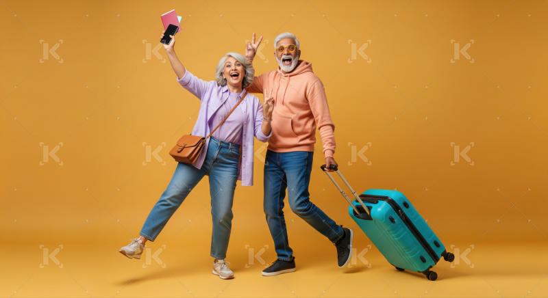 Happy Elder Couple Traveling, Posing Joyfully with Suitcase