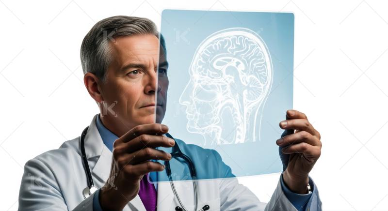 Doctor examines digital brain scan on futuristic screen