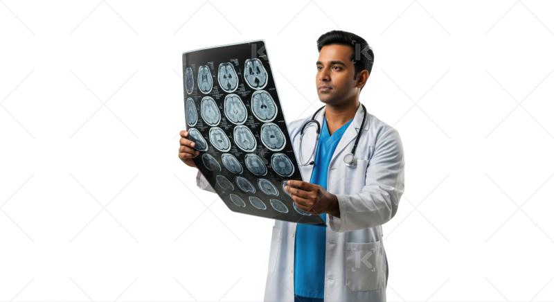 Indian Doctor Examining Brain MRI Scan Against White Background