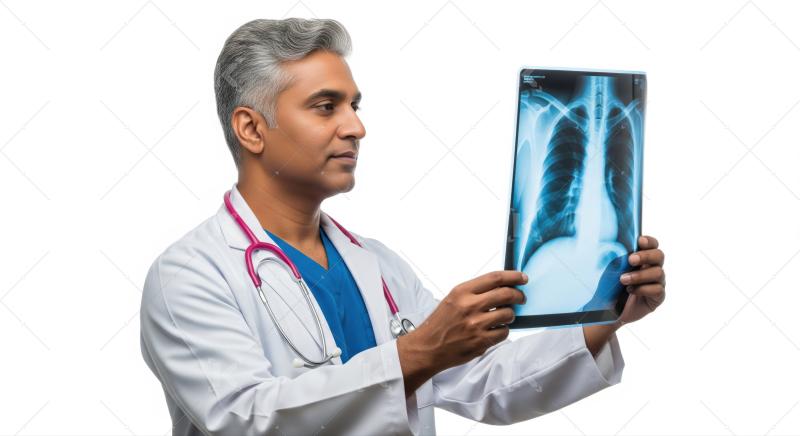 Focused Doctor Examining Chest X-ray Film for Medical Diagnosis