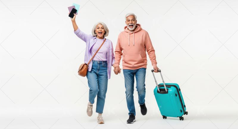 Senior couple joyfully traveling with suitcase and passports
