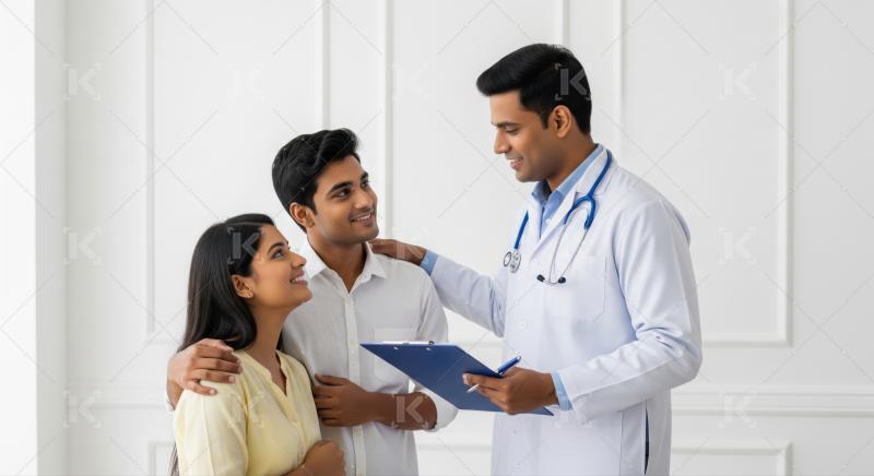 Indian Doctor Reassures Smiling Couple During Medical Consultati