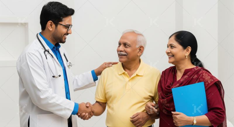 Young Doctor Reassuring and Greeting Elderly Indian Couple
