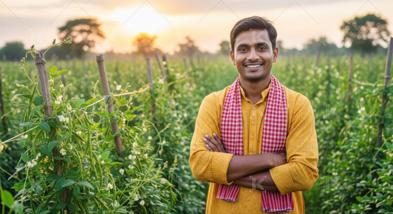 Happy Indian Farmer Smiling in Lush Green Bean Field at Sunset